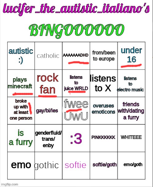 . | image tagged in lucifer_the_italiano's bingo | made w/ Imgflip meme maker