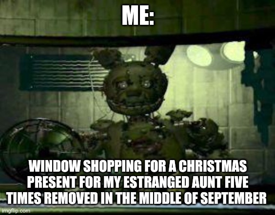 Going Christmas shopping in the middle of September | ME:; WINDOW SHOPPING FOR A CHRISTMAS PRESENT FOR MY ESTRANGED AUNT FIVE TIMES REMOVED IN THE MIDDLE OF SEPTEMBER | image tagged in fnaf springtrap in window,holidays,christmas | made w/ Imgflip meme maker