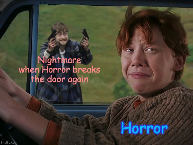 Harry with guns, scared Ron | Nightmare when Horror breaks the door again; Horror | image tagged in harry with guns scared ron | made w/ Imgflip meme maker