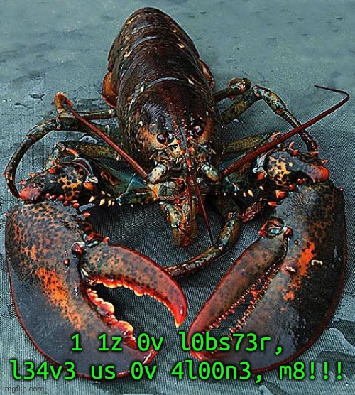 Lobster | 1 1z 0v l0bs73r, l34v3 us 0v 4l00n3, m8!!! | image tagged in lobster | made w/ Imgflip meme maker
