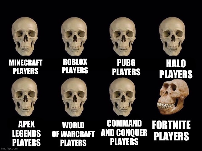 Fartnite | ROBLOX PLAYERS; HALO PLAYERS; PUBG PLAYERS; MINECRAFT PLAYERS; COMMAND AND CONQUER PLAYERS; WORLD OF WARCRAFT PLAYERS; APEX LEGENDS PLAYERS; FORTNITE PLAYERS | image tagged in skulls of truth,fortnite sucks | made w/ Imgflip meme maker