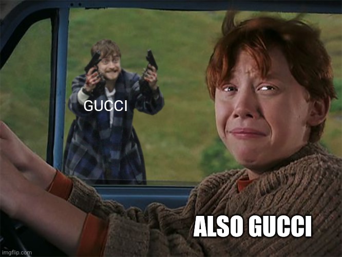 Gucci mane??? Whatever that means | GUCCI; ALSO GUCCI | image tagged in harry with guns scared ron,gucci,fashion | made w/ Imgflip meme maker