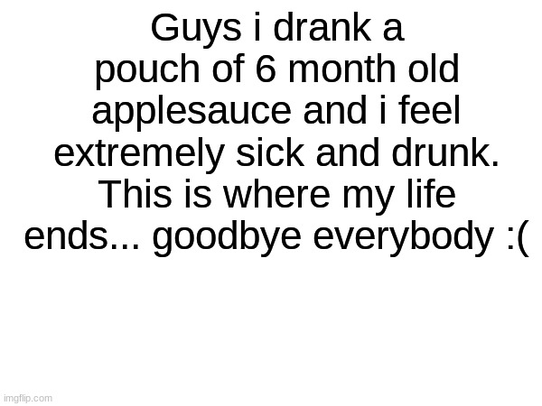 I will miss all of you :( | Guys i drank a pouch of 6 month old applesauce and i feel extremely sick and drunk. This is where my life ends... goodbye everybody :( | image tagged in memes,funny | made w/ Imgflip meme maker