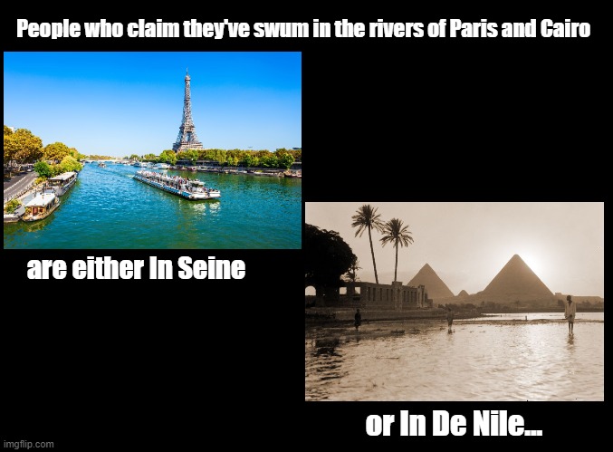 In Seine or In De Nile | People who claim they've swum in the rivers of Paris and Cairo; are either In Seine; or In De Nile... | image tagged in blank black,seine,nile,rivers,pun,paris | made w/ Imgflip meme maker