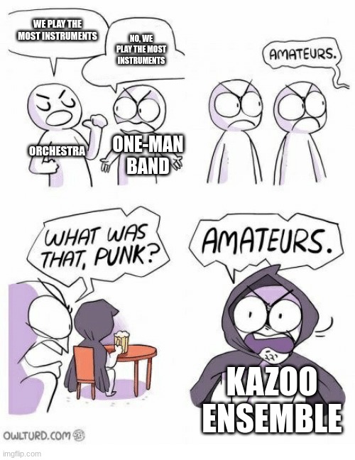 Amateurs | WE PLAY THE MOST INSTRUMENTS; NO, WE PLAY THE MOST INSTRUMENTS; ORCHESTRA; ONE-MAN BAND; KAZOO ENSEMBLE | image tagged in amateurs | made w/ Imgflip meme maker