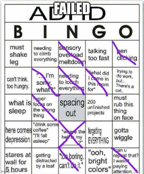 adhd bingo | FAILED | image tagged in adhd bingo | made w/ Imgflip meme maker