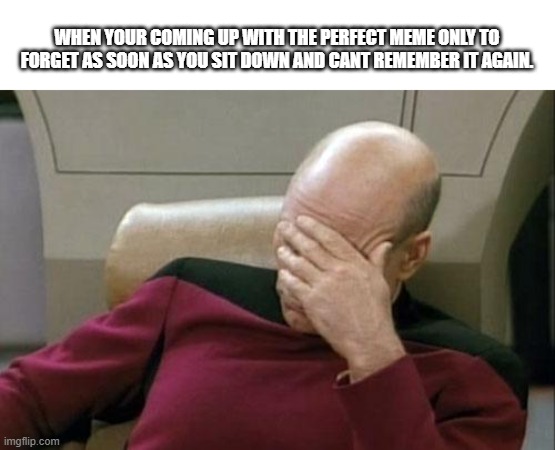 Captain Picard Facepalm | WHEN YOUR COMING UP WITH THE PERFECT MEME ONLY TO FORGET AS SOON AS YOU SIT DOWN AND CANT REMEMBER IT AGAIN. | image tagged in memes,captain picard facepalm | made w/ Imgflip meme maker