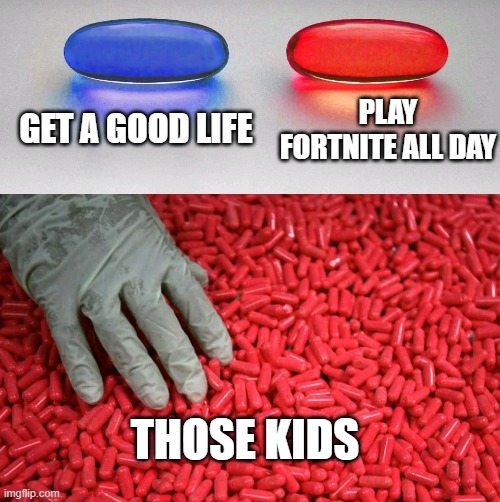 those kids | GET A GOOD LIFE; PLAY FORTNITE ALL DAY; THOSE KIDS | image tagged in blue or red pill | made w/ Imgflip meme maker