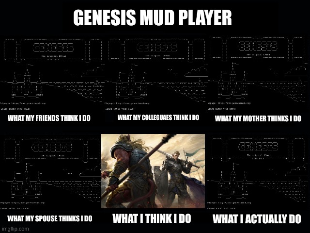 Genesis mud players | GENESIS MUD PLAYER; WHAT MY COLLEGUAES THINK I DO; WHAT MY MOTHER THINKS I DO; WHAT MY FRIENDS THINK I DO; WHAT MY SPOUSE THINKS I DO; WHAT I THINK I DO; WHAT I ACTUALLY DO | image tagged in what my friends think i do | made w/ Imgflip meme maker