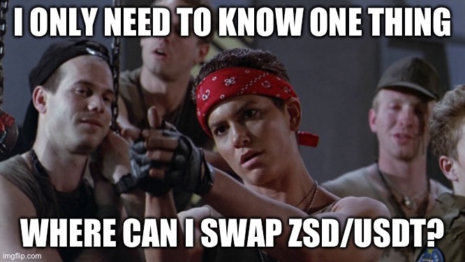 Private Vasquez wants to swap Zephyr Stable Dollars | I ONLY NEED TO KNOW ONE THING; WHERE CAN I SWAP ZSD/USDT? | image tagged in vasquez,aliens,cryptocurrency | made w/ Imgflip meme maker