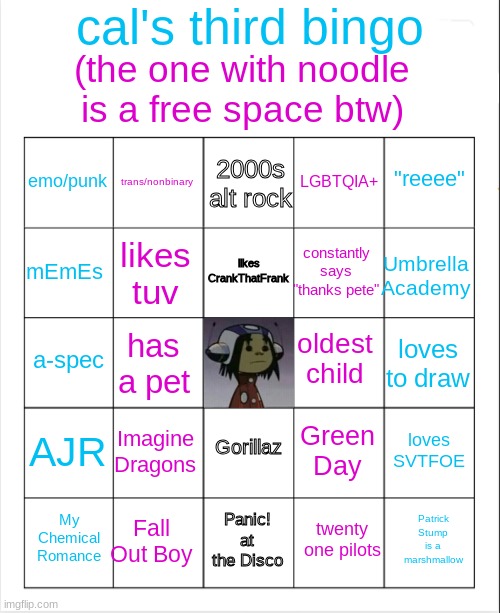 hooraybert | cal's third bingo; (the one with noodle is a free space btw); 2000s alt rock; trans/nonbinary; "reeee"; emo/punk; LGBTQIA+; likes CrankThatFrank; mEmEs; Umbrella Academy; constantly says "thanks pete"; likes tuv; oldest child; a-spec; loves to draw; has a pet; Gorillaz; AJR; Imagine Dragons; loves SVTFOE; Green Day; Fall Out Boy; Patrick Stump is a marshmallow; My Chemical Romance; Panic! at the Disco; twenty one pilots | image tagged in blank bingo,yay | made w/ Imgflip meme maker