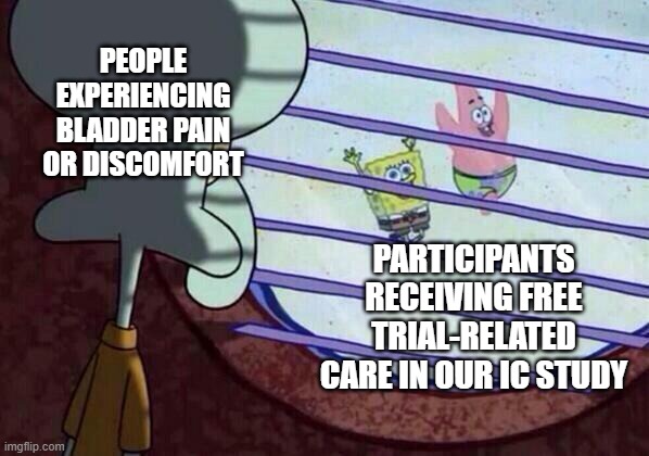 Squidward window | PEOPLE EXPERIENCING BLADDER PAIN OR DISCOMFORT; PARTICIPANTS RECEIVING FREE TRIAL-RELATED CARE IN OUR IC STUDY | image tagged in squidward window | made w/ Imgflip meme maker