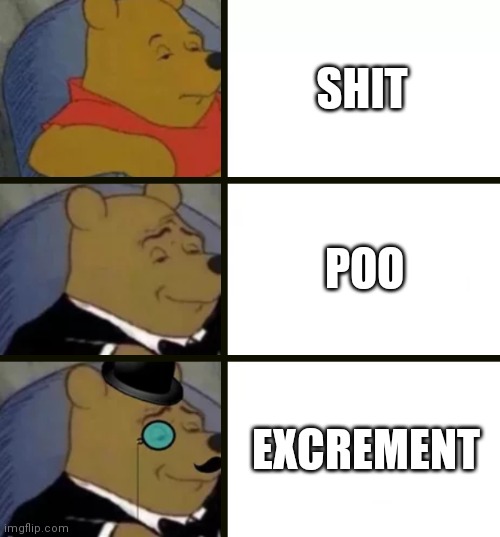 Mild swearing so not nsfw | SHIT; POO; EXCREMENT | image tagged in fancy pooh | made w/ Imgflip meme maker