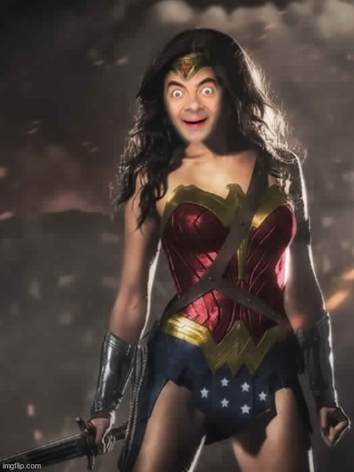 Bored with Gimp, inspired by Iceu. | image tagged in wonder woman,mr bean,bad photoshop | made w/ Imgflip meme maker