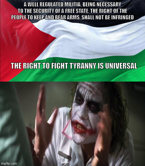 Palestine | A WELL REGULATED MILITIA, BEING NECESSARY TO THE SECURITY OF A FREE STATE, THE RIGHT OF THE PEOPLE TO KEEP AND BEAR ARMS, SHALL NOT BE INFRINGED; THE RIGHT TO FIGHT TYRANNY IS UNIVERSAL | image tagged in palestine | made w/ Imgflip meme maker