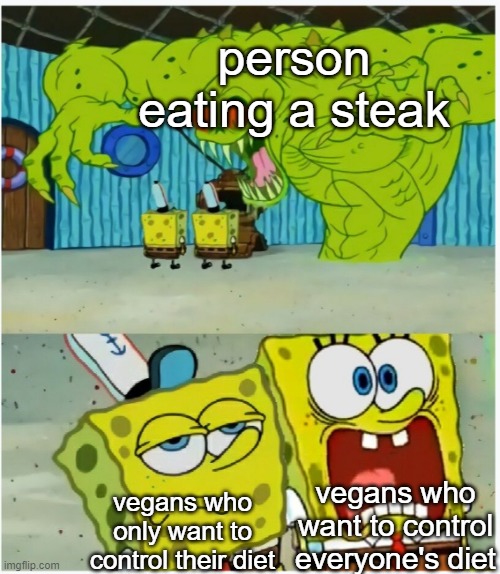 SpongeBob SquarePants scared but also not scared | person eating a steak; vegans who want to control everyone's diet; vegans who only want to control their diet | image tagged in spongebob squarepants scared but also not scared,meat,spongebob,vegan | made w/ Imgflip meme maker