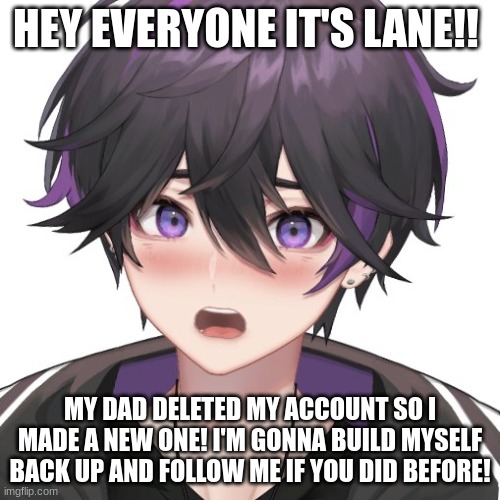 HEY EVERYONE IT'S LANE!! MY DAD DELETED MY ACCOUNT SO I MADE A NEW ONE! I'M GONNA BUILD MYSELF BACK UP AND FOLLOW ME IF YOU DID BEFORE! | image tagged in deleted accounts | made w/ Imgflip meme maker