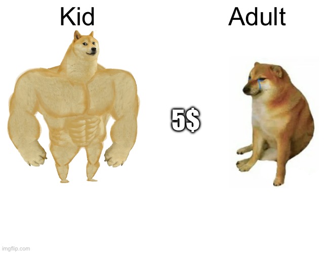 Buff Doge vs. Cheems Meme | Kid Adult 5$ | image tagged in memes,buff doge vs cheems | made w/ Imgflip meme maker
