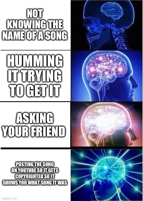 lil return to imgflip | NOT KNOWING THE NAME OF A SONG; HUMMING IT TRYING TO GET IT; ASKING YOUR FRIEND; POSTING THE SONG ON YOUTUBE SO IT GETS COPYRIGHTED SO IT SHOWS YOU WHAT SONG IT WAS | image tagged in memes,expanding brain | made w/ Imgflip meme maker