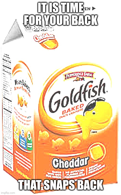goldfish crackers | IT IS TIME FOR YOUR BACK THAT SNAPS BACK | image tagged in goldfish crackers | made w/ Imgflip meme maker