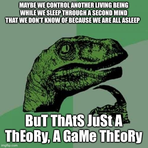 Bed thoughts | MAYBE WE CONTROL ANOTHER LIVING BEING WHILE WE SLEEP THROUGH A SECOND MIND THAT WE DON’T KNOW OF BECAUSE WE ARE ALL ASLEEP; BuT ThAtS JuSt A ThEoRy, A GaMe ThEoRy | image tagged in memes,philosoraptor | made w/ Imgflip meme maker