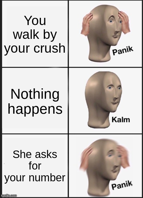 The first two are true for me | You walk by your crush; Nothing happens; She asks for your number | image tagged in memes,panik kalm panik | made w/ Imgflip meme maker