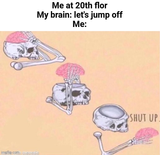 Dude that's me | Me at 20th flor
My brain: let's jump off
Me: | image tagged in skeleton shut up meme | made w/ Imgflip meme maker