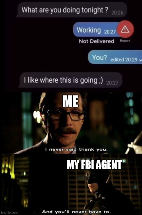 I like where this is going | ME; MY FBI AGENT | image tagged in i never said thank you,memes | made w/ Imgflip meme maker