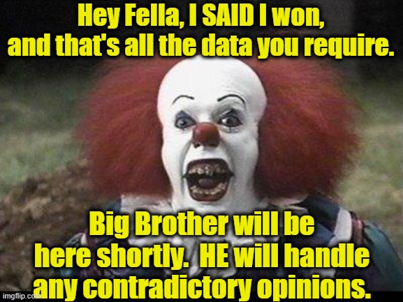 Scary Clown | Hey Fella, I SAID I won, and that's all the data you require. Big Brother will be here shortly.  HE will handle any contradictory opinions. | image tagged in scary clown | made w/ Imgflip meme maker