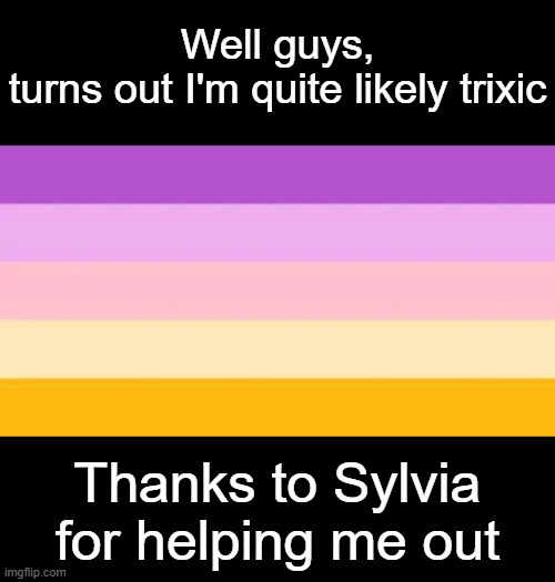 Trixic Flag | Well guys,
turns out I'm quite likely trixic; Thanks to Sylvia for helping me out | image tagged in trixic flag,coming out | made w/ Imgflip meme maker