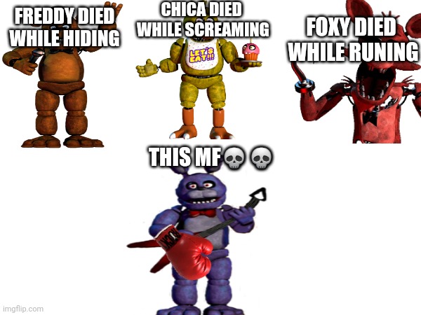 CHICA DIED 
WHILE SCREAMING; FOXY DIED 
WHILE RUNING; FREDDY DIED
WHILE HIDING; THIS MF💀💀 | made w/ Imgflip meme maker