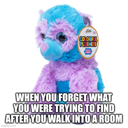 Blue and purple creature | WHEN YOU FORGET WHAT YOU WERE TRYING TO FIND AFTER YOU WALK INTO A ROOM | image tagged in funny,stuffed animal | made w/ Imgflip meme maker