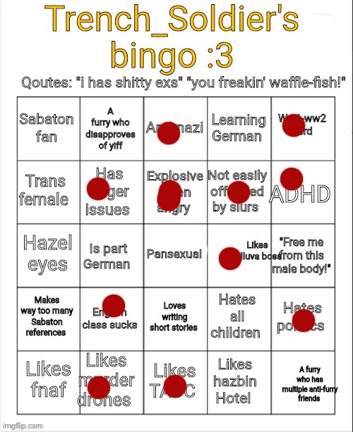 Trench_Soldier's bingo | image tagged in trench_soldier's bingo | made w/ Imgflip meme maker