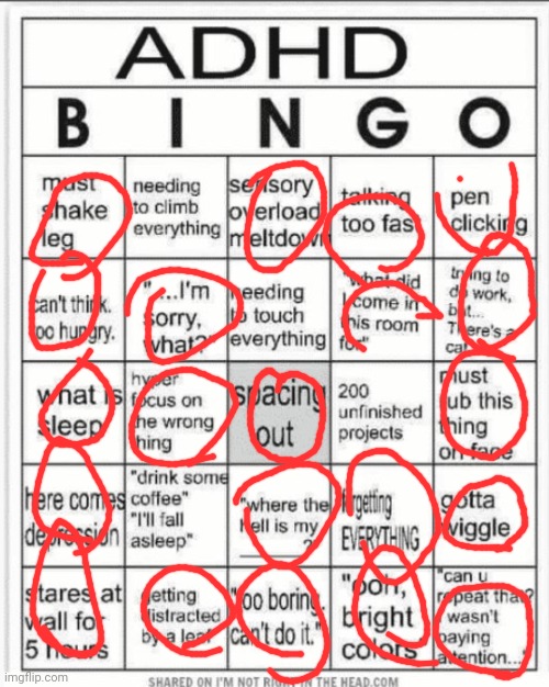 ADHD bingo | image tagged in adhd bingo | made w/ Imgflip meme maker