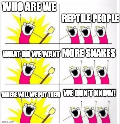 Who are we? (Better textboxes) | WHO ARE WE; REPTILE PEOPLE; MORE SNAKES; WHAT DO WE WANT; WE DON'T KNOW! WHERE WILL WE PUT THEM | image tagged in who are we better textboxes | made w/ Imgflip meme maker