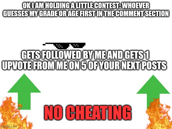CONTEST | OK I AM HOLDING A LITTLE CONTEST: WHOEVER GUESSES MY GRADE OR AGE FIRST IN THE COMMENT SECTION; GETS FOLLOWED BY ME AND GETS 1 UPVOTE FROM ME ON 5 OF YOUR NEXT POSTS; NO CHEATING | image tagged in contest | made w/ Imgflip meme maker