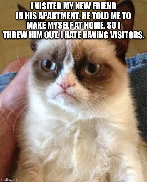 get out of my house | I VISITED MY NEW FRIEND IN HIS APARTMENT. HE TOLD ME TO MAKE MYSELF AT HOME. SO I THREW HIM OUT. I HATE HAVING VISITORS. | image tagged in memes,grumpy cat,i hate you | made w/ Imgflip meme maker