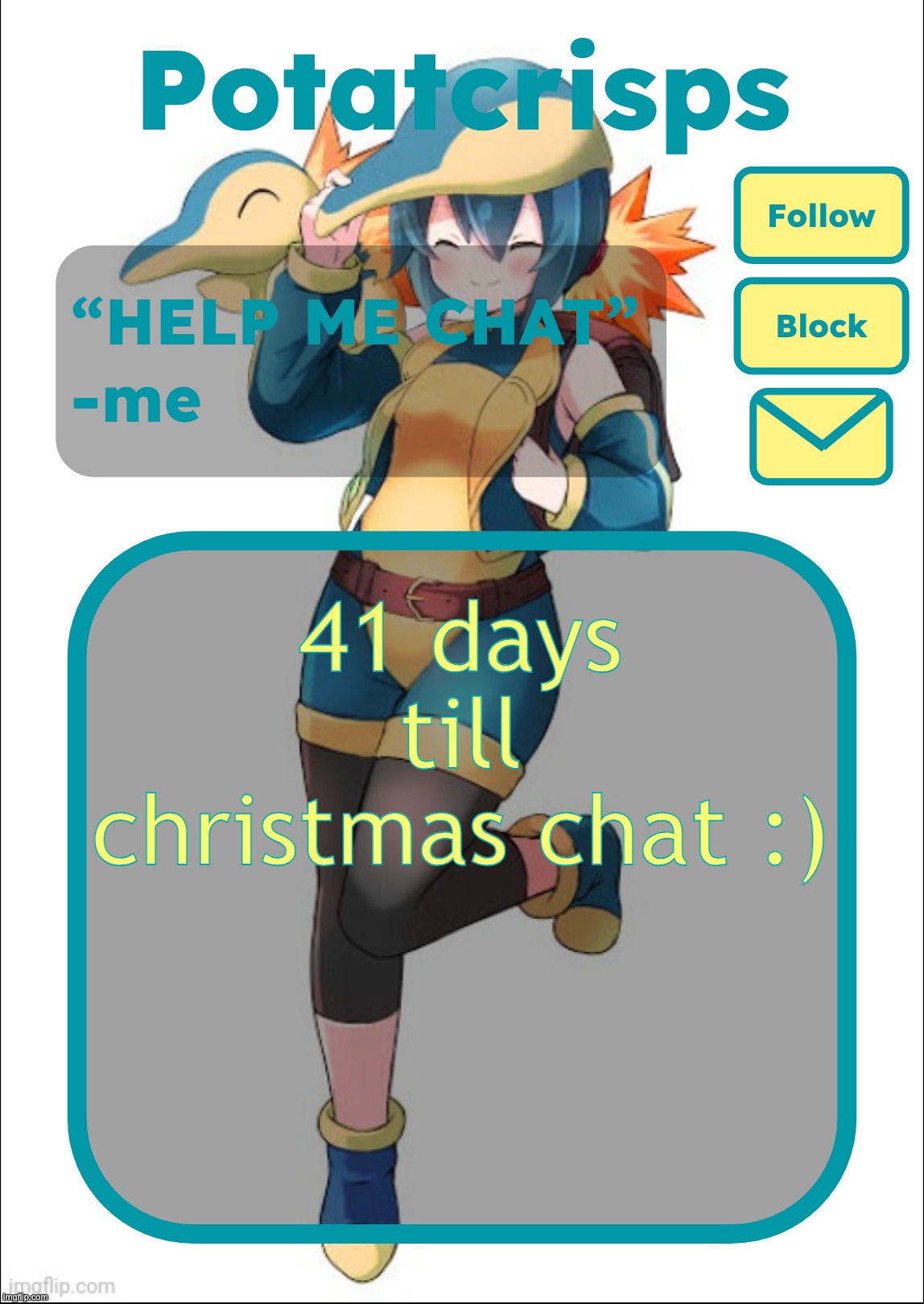 yay | 41 days till christmas chat :) | image tagged in potatcrisps announcement temp | made w/ Imgflip meme maker