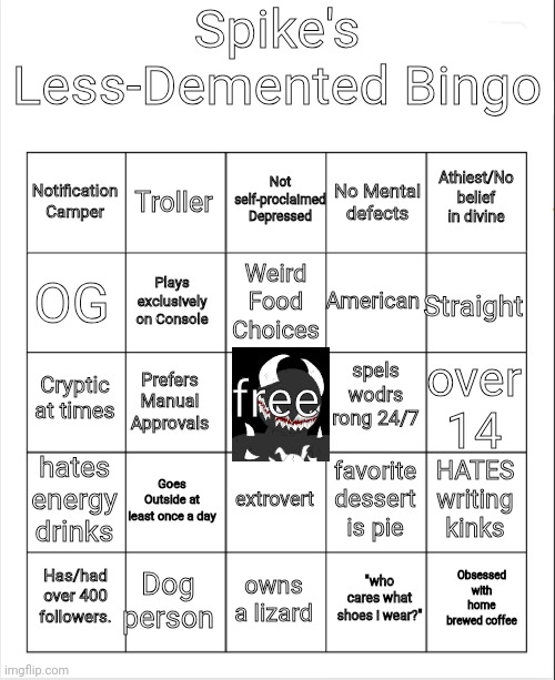 pls make this a temp | Spike's Less-Demented Bingo; Not self-proclaimed Depressed; Troller; Athiest/No belief in divine; Notification Camper; No Mental defects; Weird Food Choices; OG; Straight; American; Plays exclusively on Console; spels wodrs rong 24/7; Cryptic at times; free; over 14; Prefers Manual Approvals; hates energy drinks; Goes Outside at least once a day; HATES writing kinks; favorite dessert is pie; extrovert; Dog person; Obsessed with home brewed coffee; Has/had over 400 followers. owns a lizard; "who cares what shoes i wear?" | image tagged in blank bingo | made w/ Imgflip meme maker