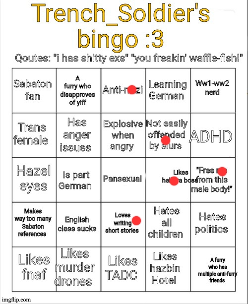 Trench_Soldier's bingo | image tagged in trench_soldier's bingo | made w/ Imgflip meme maker