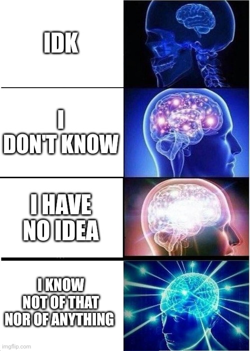 Expanding Brain Meme | IDK; I DON'T KNOW; I HAVE NO IDEA; I KNOW NOT OF THAT NOR OF ANYTHING | image tagged in memes,expanding brain | made w/ Imgflip meme maker