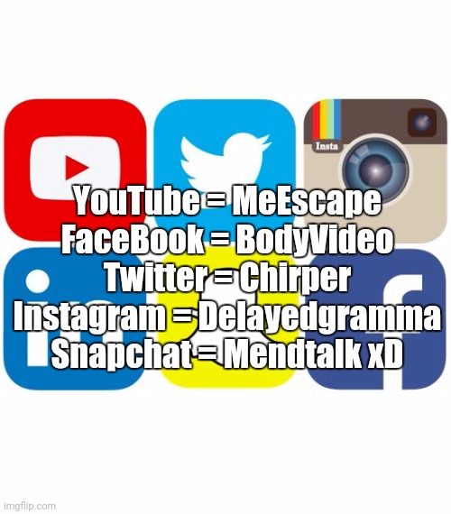 xD | YouTube = MeEscape
FaceBook = BodyVideo
Twitter = Chirper
Instagram = Delayedgramma
Snapchat = Mendtalk xD | image tagged in social media icons | made w/ Imgflip meme maker