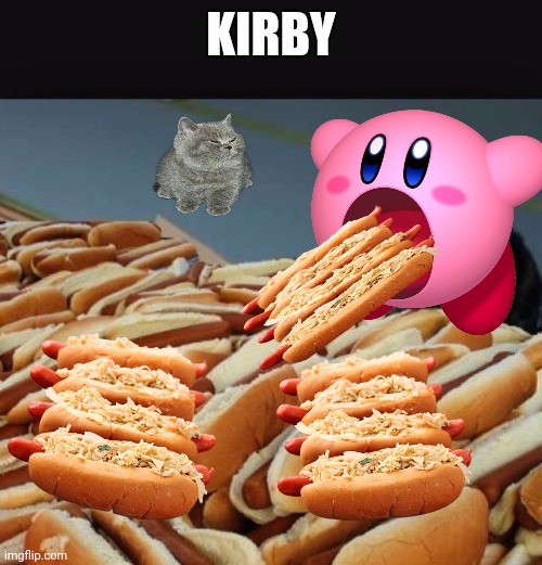 Yummy | KIRBY | image tagged in cat hotdogs | made w/ Imgflip meme maker