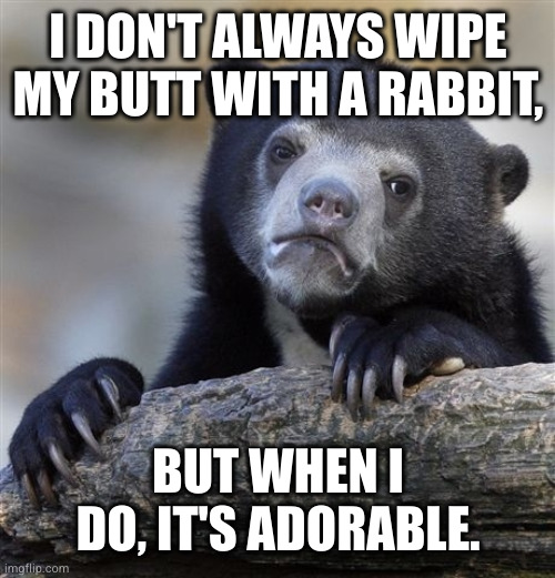 A.i. captioned this | I DON'T ALWAYS WIPE MY BUTT WITH A RABBIT, BUT WHEN I DO, IT'S ADORABLE. | image tagged in memes,confession bear | made w/ Imgflip meme maker