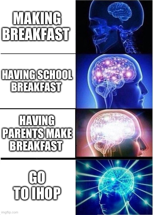 Expanding Brain | MAKING BREAKFAST; HAVING SCHOOL BREAKFAST; HAVING PARENTS MAKE BREAKFAST; GO TO IHOP | image tagged in memes,expanding brain | made w/ Imgflip meme maker
