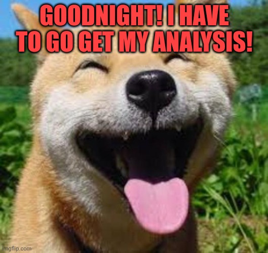 (Mod note: hope everything works out!) | GOODNIGHT! I HAVE TO GO GET MY ANALYSIS! | image tagged in happy doge | made w/ Imgflip meme maker