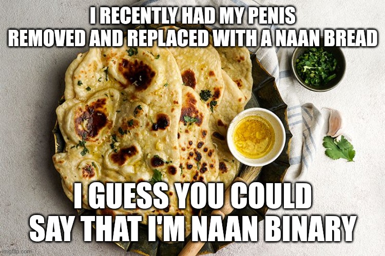 I RECENTLY HAD MY PENIS REMOVED AND REPLACED WITH A NAAN BREAD; I GUESS YOU COULD SAY THAT I'M NAAN BINARY | made w/ Imgflip meme maker