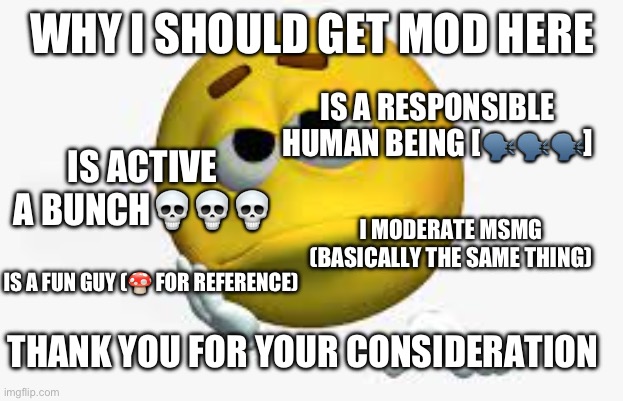 Pretty please? | WHY I SHOULD GET MOD HERE; IS A RESPONSIBLE HUMAN BEING [🗣️🗣️🗣️]; IS ACTIVE A BUNCH💀💀💀; I MODERATE MSMG (BASICALLY THE SAME THING); IS A FUN GUY (🍄 FOR REFERENCE); THANK YOU FOR YOUR CONSIDERATION | image tagged in sad emoji | made w/ Imgflip meme maker