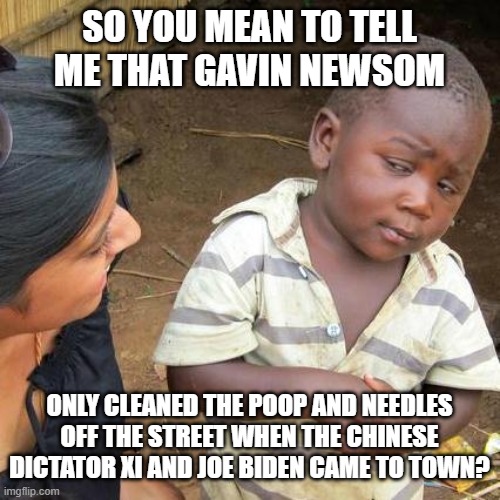 Third World Skeptical Kid | SO YOU MEAN TO TELL ME THAT GAVIN NEWSOM; ONLY CLEANED THE POOP AND NEEDLES OFF THE STREET WHEN THE CHINESE DICTATOR XI AND JOE BIDEN CAME TO TOWN? | image tagged in memes,third world skeptical kid | made w/ Imgflip meme maker