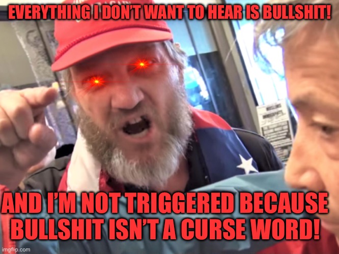 Angry Trump Supporter | AND I’M NOT TRIGGERED BECAUSE BULLSHIT ISN’T A CURSE WORD! EVERYTHING I DON’T WANT TO HEAR IS BULLSHIT! | image tagged in angry trump supporter | made w/ Imgflip meme maker